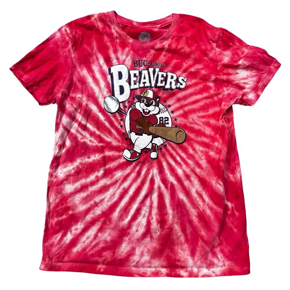 Buc-ee’s Red Tie Dye Bucees Beavers Baseball Bat Ball Short Sleeve Tshirt Sz YL